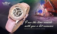 Analog lớn Mặt Womens đeo tay Đồng hồ da màu hồng thời trang tay Gió Cơ cổ tay Watch