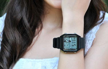 EL Backlight PU băng LCD Analogue Watch, báo thức kỹ thuật số Đồng hồ đeo tay