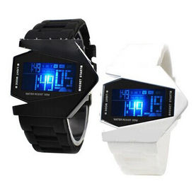 Đen và Trắng Máy bay có hình dạng đa chức năng kỹ thuật số Watch, chống thấm nước LED Xem